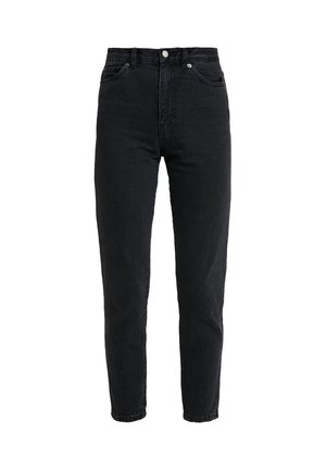 Black denim jeans with a high waist, tapered leg, front pockets, and a button fly. Features a smooth texture and minimalistic design.