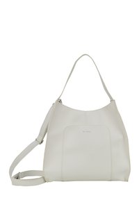 Borsa hobo in pelle bianca con forma curva, tracolla regolabile, tasca frontale e dettagli di cucitura sottili. Finitura a texture liscia.