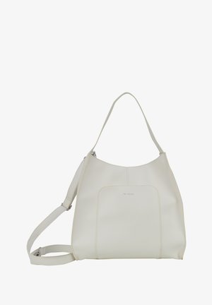 Bolso hobo de cuero blanco con forma curva, correa de hombro ajustable, bolsillo frontal y detalles de costura sutiles. Acabado de textura suave.