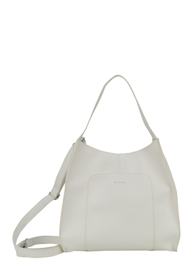 Borsa hobo in pelle bianca con forma curva, tracolla regolabile, tasca frontale e dettagli di cucitura sottili. Finitura a texture liscia.
