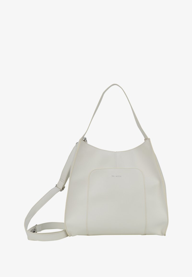 Borsa hobo in pelle bianca con forma curva, tracolla regolabile, tasca frontale e dettagli di cucitura sottili. Finitura a texture liscia.