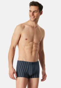 Mannen navy gestreepte boxershorts van zacht materiaal, met een comfortabele pasvorm en een elastische tailleband met contrasterende dunne strepen.