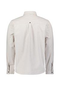 lichtbeige longsleeve shirt met een puntkraag, een centrale rugplooi en knoopmanchetten. Katoenen stof met een gladde textuur.