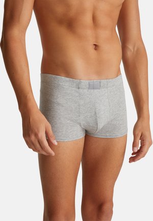 Boxer grigi in tessuto misto cotone, caratterizzati da un design aderente, cintura elastica e dettagli di cucitura minimi. Texture complessivamente liscia.