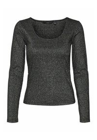 Zwarte geribde longsleeve top met een vierkante halslijn, gemaakt van een metallic glanzende stof, die een getailleerde Silhouet en een textuurovervlak toont.