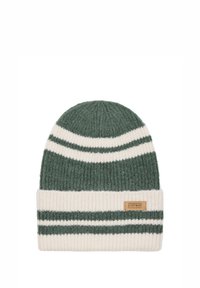 Berretto a maglia a righe verdi e crema con texture a coste e un'etichetta in pelle. Presenta un design con risvolto.