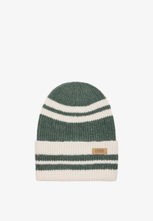Groene en crèmekleurige gestreepte gebreide muts met een ribbelstructuur en een leren logo patch. Heeft een omgeslagen randontwerp.