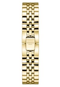 Goldfarbenes Metallarmbanduhr mit einem breiten, strukturierten Armband und einem rechteckigen Gehäuse. Verfügt über ein Logo in der Mitte. Reflektierende Oberfläche mit polierter Finish.