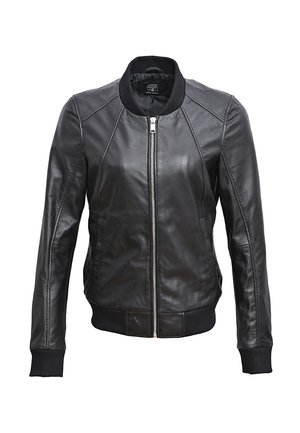 Veste bomber en cuir noir avec un col côtelé, fermeture éclair sur le devant et poches latérales. Présente des poignets ajustés et des détails de couture subtils.