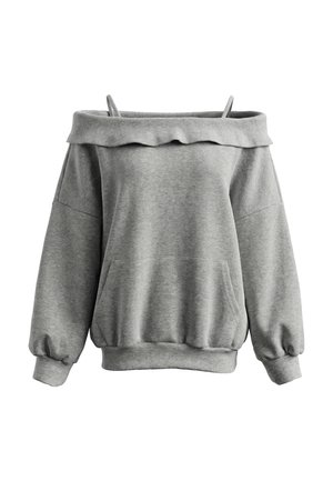 Szara bluza z odkrytymi ramionami, szerokim dekoltem, cienkimi ramiączkami, długimi rękawami, kieszenią z przodu oraz ściągaczami przy mankietach i u dołu.