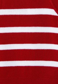 Maglione rosso a maglia con strisce orizzontali bianche. Il tessuto ha una consistenza liscia, con dettagli a costina lungo i bordi.