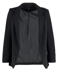 Blazer noir côtelé à manches longues, devant ouvert, avec doublure intérieure lisse, présenté sur fond blanc.