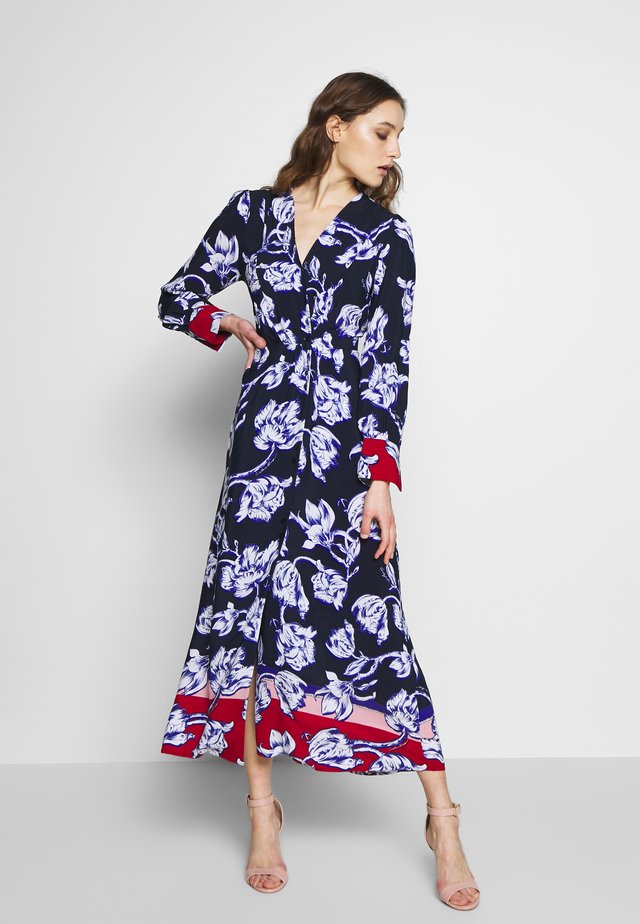 PRINTED V-NECK LONG DRESS WITH CONTRAST AND CUFFS - Vestito lungo - blue