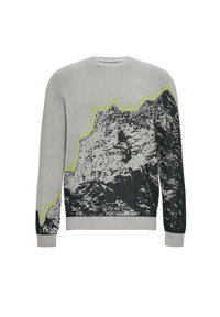 Pull gris clair avec motif montagne noir et accent vert fluo. Col rond, manches longues, poignets et ourlet côtelés. Fabriqué en tissu tricoté.