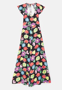 Musta mekko, jossa on värikäs kukkakuosi ja rauhanmerkki, lyhyet liehuvat hihat, pyöreä kaula-aukko ja sidottava takakappale.