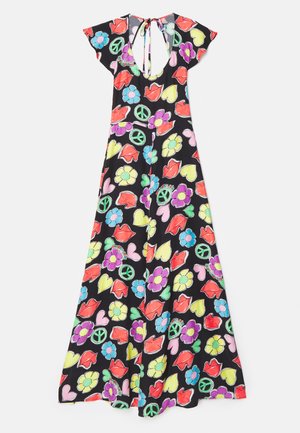 Zwarte jurk met een kleurrijk bloemen- en vredestekenpatroon, korte vlindermouwen, een ronde hals en een striksluiting aan de achterkant.