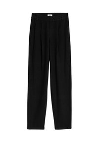 Pantalon noir taille haute à coupe droite avec passants pour ceinture et poches latérales, fabriqué dans un tissu lisse.