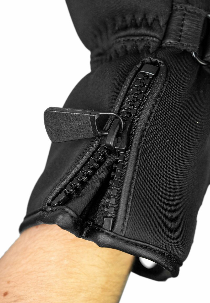 Schwarzer isolierter Handschuh mit einem Reißverschluss am Handgelenk. Das Außenmaterial ist glatt, mit einem strukturierten Reißverschluss und einem Zugband für eine leichte Handhabung.