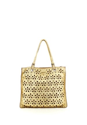 Borsa a tracolla color oro con motivi floreali traforati e due manici, realizzata in materiale di pelle strutturata.