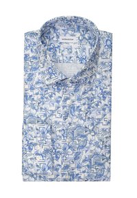 Camicia a maniche corte con bottoni, decorata con un motivo floreale blu su sfondo bianco; realizzata in tessuto leggero; presenta un colletto classico e bottoni frontali.