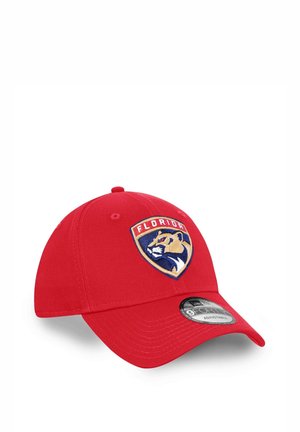 Red baseball cap with a curved bill, featuring an embroidered Florida Panthers logo in gold, blue, and cream on the front panel.