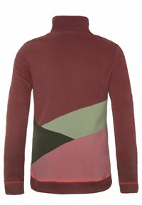 Veste polaire avec col montant, manches longues et blocs de couleurs géométriques en marron, vert, vert clair, rose et finition corail.