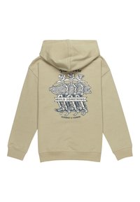 Felpa beige con un grande grafico sul retro che presenta tre scheletri, la scritta “Costruisci Qualcosa” e dettagli di skateboard. Materiale in misto cotone.