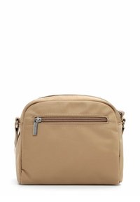 Kleine beigetöne Umhängetasche mit vorderer Reißverschlusstasche und verstellbarem Seitenriemen, gefertigt aus glattem Stoff.