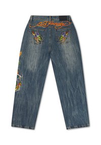 Blue jeans with embroidered colorful dragon designs on back pockets and left leg, and orange "Ed Hardy" text above pockets.