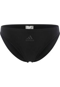 Černé plavky s hladkým materiálem. Mají minimalistický design s elastickým pasem a malým potiskem loga na přední straně.