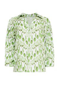 Green and white patterned blouse in lightweight fabric. Features a relaxed fit, pointed collar, and three-quarter sleeves with subtle sheen.