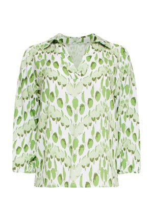 Groene en witte gebloemde blouse van lichtgewicht stof. Heeft een ontspannen pasvorm, puntige kraag en driekwart mouwen met een subtiele glans.