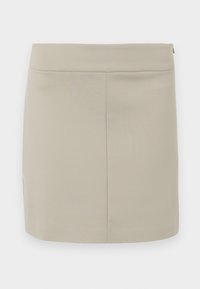 Beige miniskjørt laget av glatt stoff, med rett cut, enkel design og usynlig glidelås på siden.