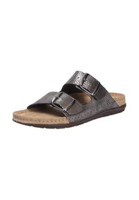 Brown patterned slide sandal with dual adjustable buckles, soft footbed, and a textured upper layer. Lightweight rubber sole.