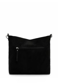 Black suede crossbody bag with silver hardware, exterior zip pocket, and adjustable strap clips on a white background.