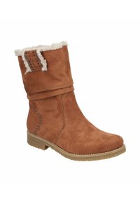 Bruine suède enkellaars met een zachte bontvoering, opgerolde boord, decoratieve stiksels aan de zijkant en een getextureerde rubberen zool.