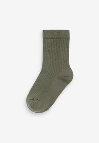 Sosete ribbed de culoare verde olive, fabricate dintr-un material moale și texturat, având o lungime standard până la gleznă, cu vârf întărit și manșetă elasticizată.