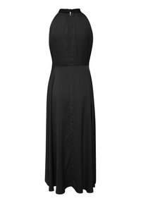 Robe maxi noire sans manches avec col haut style halter et détail œillet, ajustée à la taille et s'écoulant jusqu'à l'ourlet au sol.