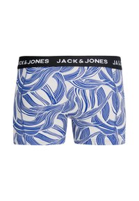 Μπλε και άσπρα μοτίβο εσώρουχα μποξεράκια με μαύρη μέση που φέρει το λογότυπο "JACK & JONES", κατασκευασμένα από ελαστικό ύφασμα.