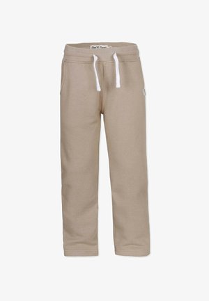 Beige bomulds sweatpants med ribbet talje, hvid snor og sidelommer. Glat tekstur, lige ben design.