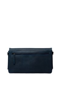 Blauwe leren clutch met een gladde textuur, rechthoekige vorm en een ritssluiting aan de bovenkant. Beschikt over een apart voorkeursvak met rits en subtiele branding.