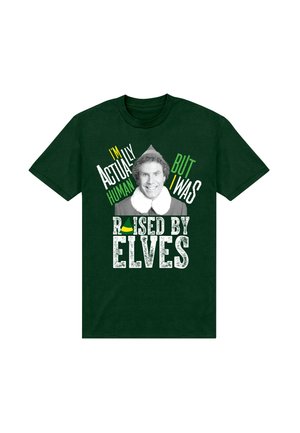 Zelené bavlněné tričko s bílým a žlutým textem, grafikou usměvavé postavy v šedém oblečení a doplňkem elfí čepice.