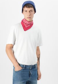 White short-sleeve t-shirt, blue denim jeans, red bandana tied around neck with white paisley pattern, and blue knit beanie on head.