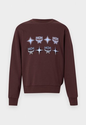 Bruine katoenen sweatshirt met lange mouwen, ronde hals en een voorzijde met een afbeelding van meerdere lichtblauwe MCM-logo's en sterren.