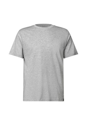 Graues Baumwoll-T-Shirt, kurze Ärmel, Rundhalsausschnitt, klassischer Schnitt, glatte Textur, schlichtes Design ohne Muster oder Grafiken.