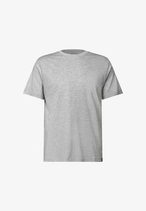 Harmaa puuvillapaita, lyhyet hihat, pyöreä kaula-aukko, klassinen malli, sileä rakenne, yksinkertainen muotoilu ilman kuvioita tai graafisia elementtejä.