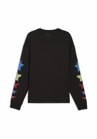 Sort langærmet t-shirt med farvede stjerne mønstre i rød, grøn, blå og lilla langs ærmerne; lavet af bomuld.
