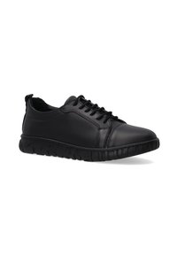 Schwarze Ledersneaker mit runder Zehenpartie, flacher schwarzer Gummisohle und strukturierten Akzenten. Verfügt über ein Schnürdesign und einen gepolsterten Schaft.