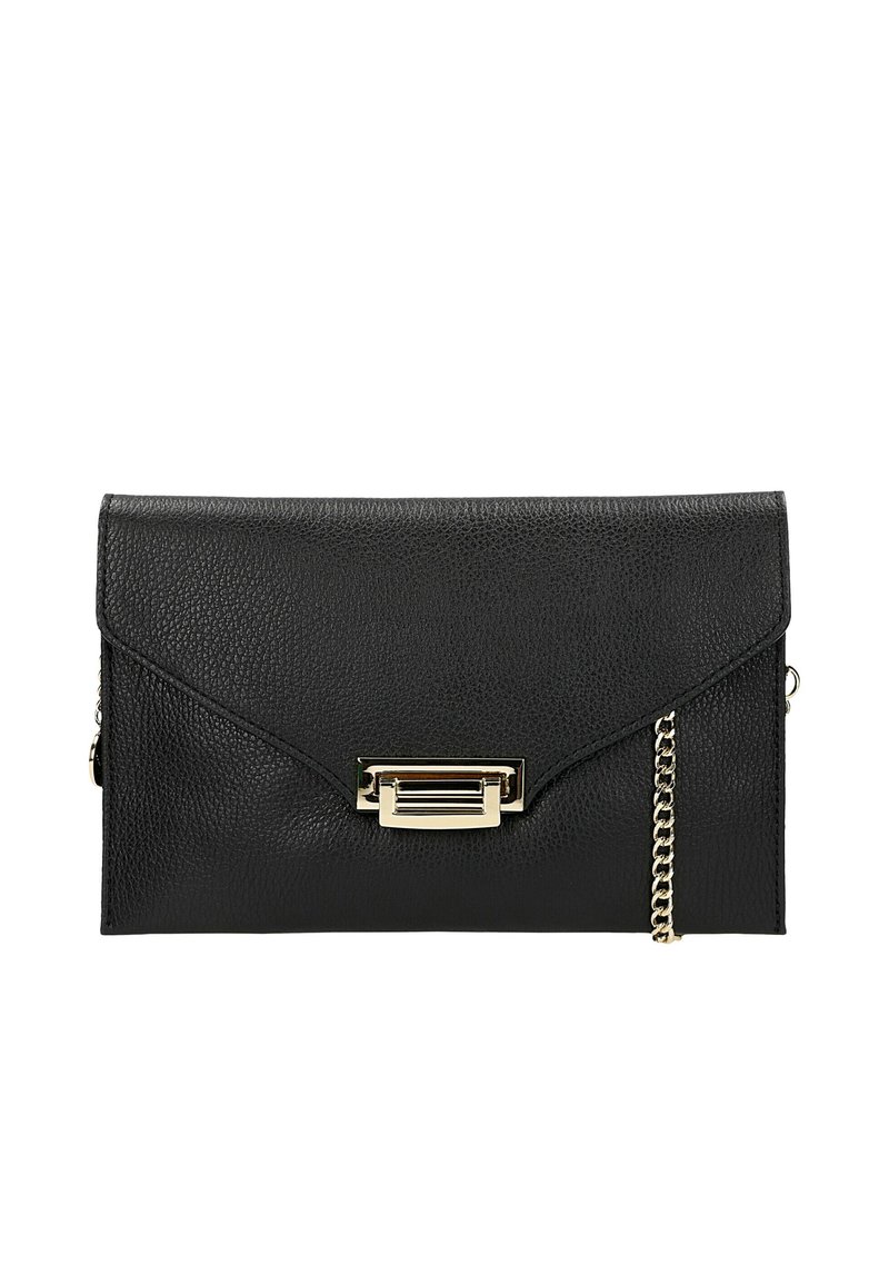 Clutch bag in pelle nera con superficie texture, dotata di un clasp in metallo dorato e una tracolla removibile sul lato.