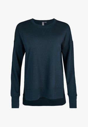 Sweat-shirt bleu foncé à manches longues avec un col rond, des poignets côtelés et une coupe décontractée. Présente des fentes sur les côtés à l'ourlet pour un confort supplémentaire.